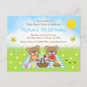 Teddy Bear's Picnic Blue Gingham Birthday Postcard