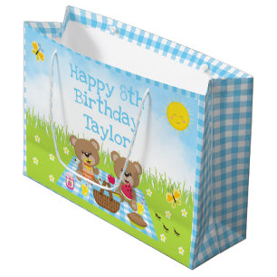 Teddy Bears Picnic Blue Gingham Happy Birthday Large Gift Bag