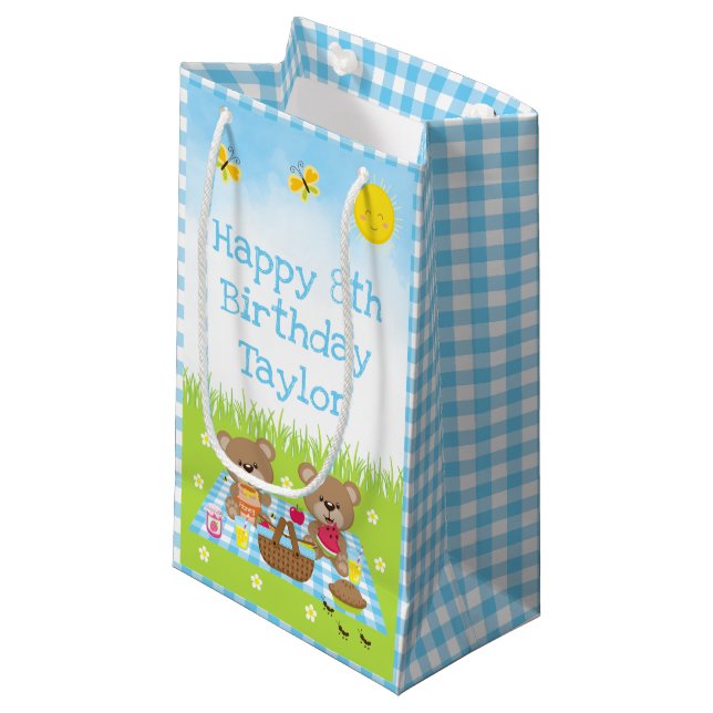 Teddy Bears Picnic Blue Gingham Happy Birthday Small Gift Bag (Front Angled)