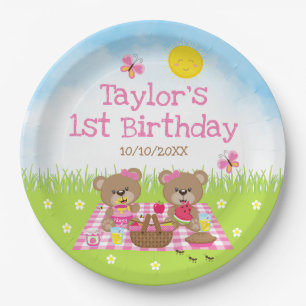 Teddy Bears Picnic Pink Gingham Birthday Party Paper Plate