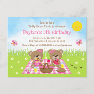Teddy Bear's Picnic Pink Gingham Birthday Postcard