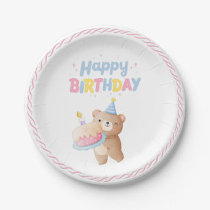 Teddy Bear's Pink Pastel Happy Birthday Party Paper Plate