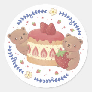Teddy Bears & Strawberry Cake Illustration Classic Round Sticker