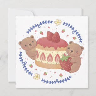Teddy Bears & Strawberry Cake Illustration Invitation