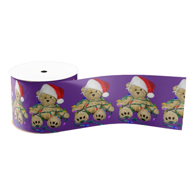 Teddy Bears Tangled In Christmas Lights On Purple Grosgrain Ribbon (Spool)