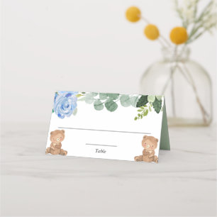 Teddy bears twin blue greenery floral place card
