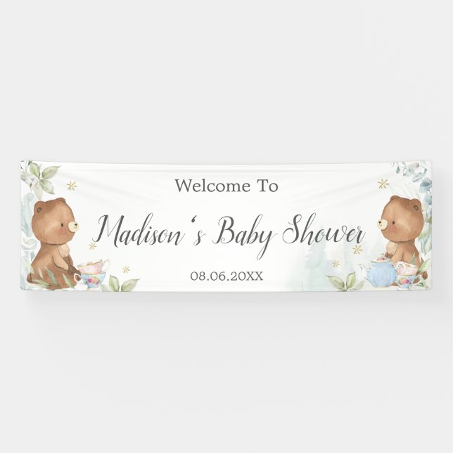 Teddy Bears Twins Baby Shower Backdrop Welcome Banner (Horizontal)
