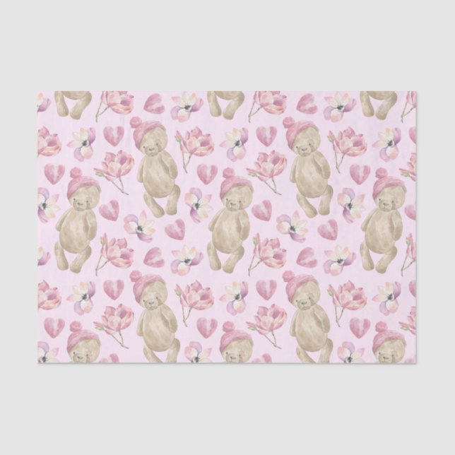 Teddy bears Watercolor Floral Pink Tissue Paper (Front)
