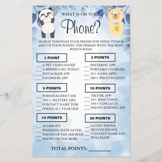 Teddy Bears What is on your phone Shower game card (Front)