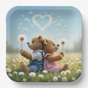 Teddy Bears With Dandelion Heart Paper Plate