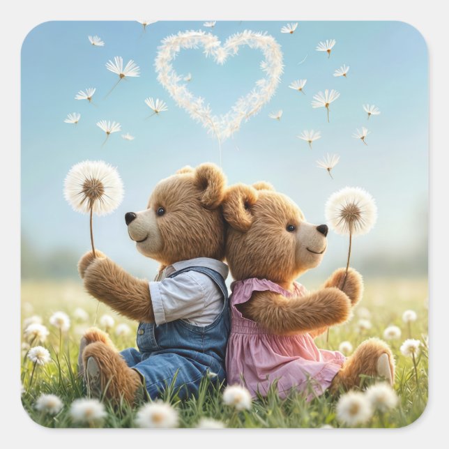 Teddy Bears With Dandelion Heart Square Sticker (Front)