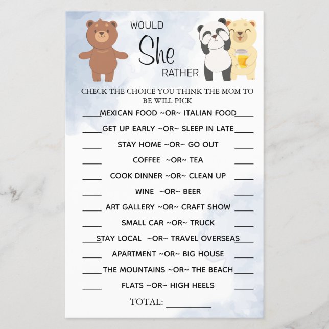 Teddy Bears Would She Rather baby shower game card (Front)