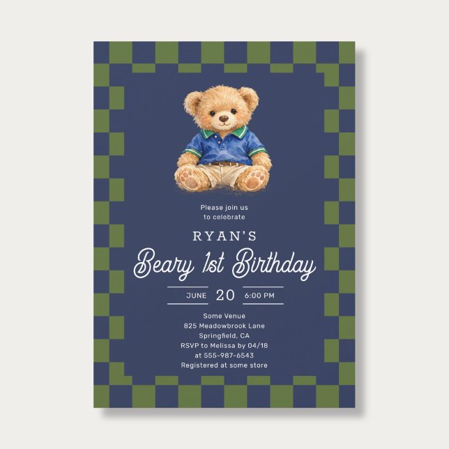 Teddy Beary 1st Birthday Checkboard Blue Green Invitation (Creator Uploaded)