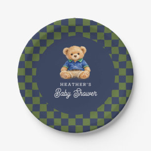Teddy Beary Checkboard Retro Baby Shower Paper Plate
