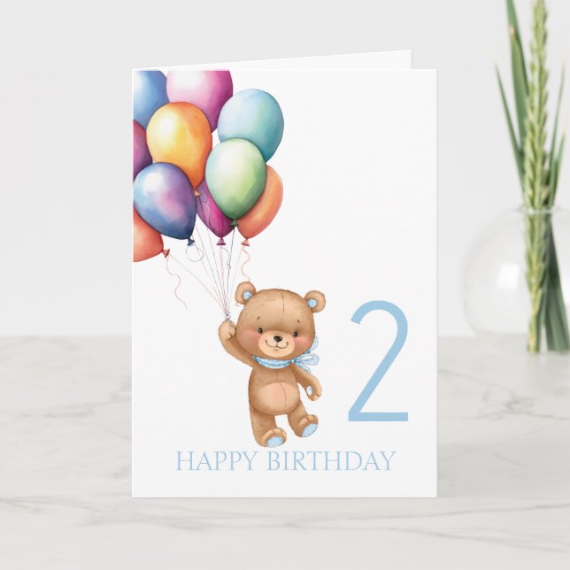 Teddy Blue 2nd Birthday Balloons Card (Front)