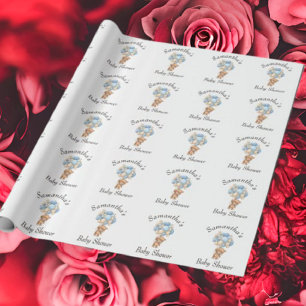 Teddy Boy Balloon Baby Shower White  Wrapping Paper