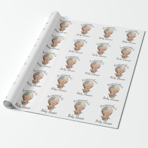 Teddy Boy Foral Hot Air Balloon Baby Shower  Wrapping Paper