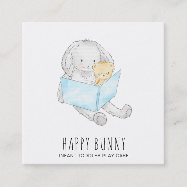 *~* Teddy Bunny Rabbit Daycare Teacher Nanny Tutor Square Business Card (Front)