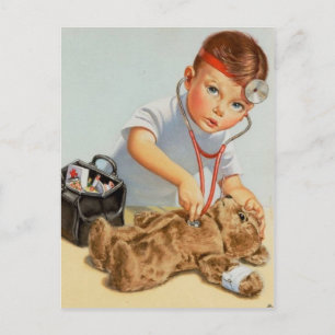 Teddy Checkup - Cute Vintage Art Get Well Soon Postcard