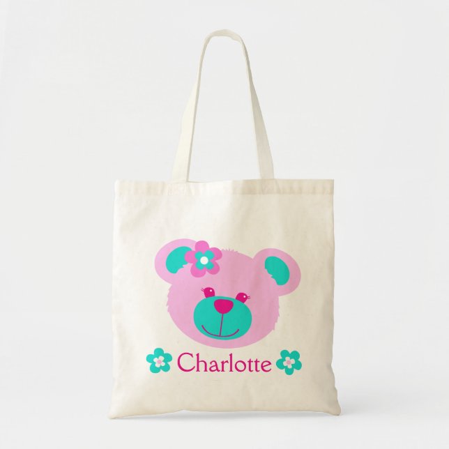 Teddy face pink aqua personalised name bag (Front)