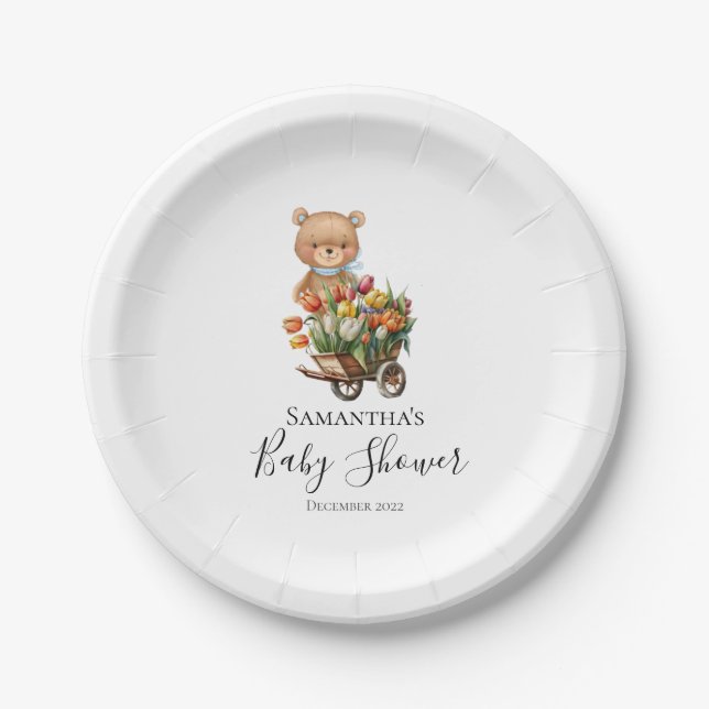 Teddy Floral Boy Rustic Blue Paper Plates (Front)