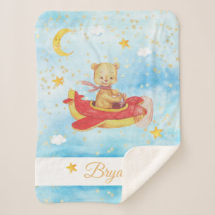 *~* Teddy Flying Air Plane Stars Moon Clouds Sherpa Blanket