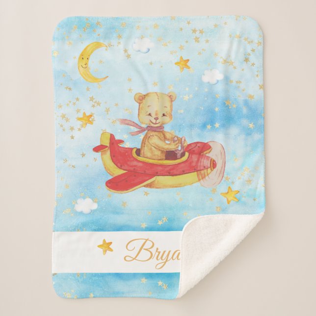 *~* Teddy Flying Air Plane Stars Moon Clouds Sherpa Blanket (Front)