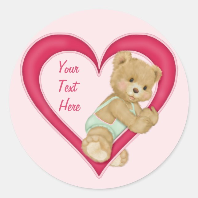 Teddy Heart - Customise text area Classic Round Sticker (Front)