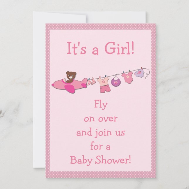 Teddy in Plane & Clothesline Pink Girl Baby Shower Invitation (Front)
