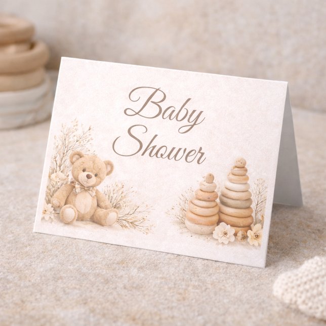 Teddy Neutral Baby Shower Folded Invitation (Soft beige tones with plush bear detail for a calm and beautifully styled baby shower)