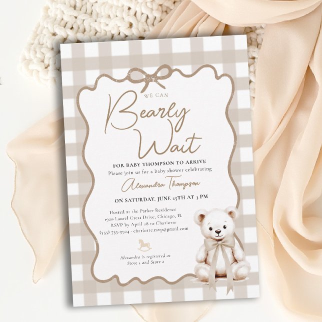 Teddy Neutral Gingham Bearly Wait Bow Baby Shower Invitation (bearly wait baby shower invitation neutral gingham modern classic nursery teddy bear bow)