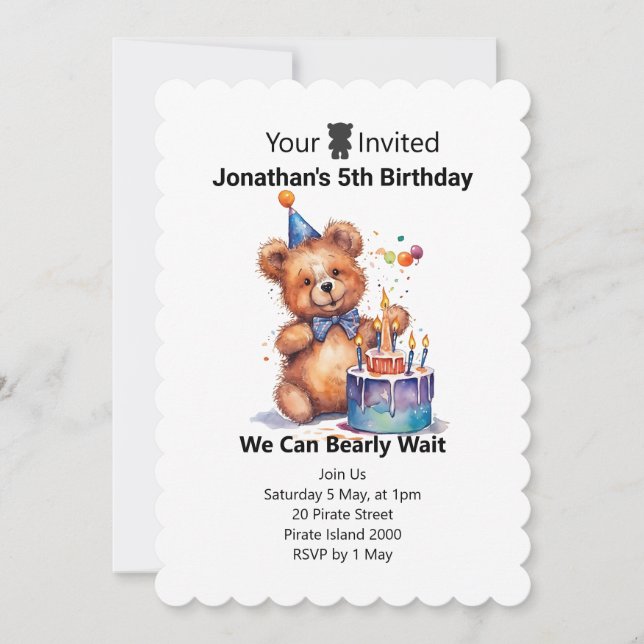 	 Teddy personalised birthday invitations (Front)