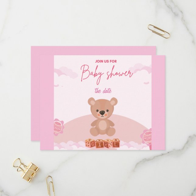 Teddy Pink Bear Girl wait baby shower invitation (Front/Back In Situ)