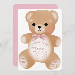 Teddy Pink Bow Baby Shower Invitation