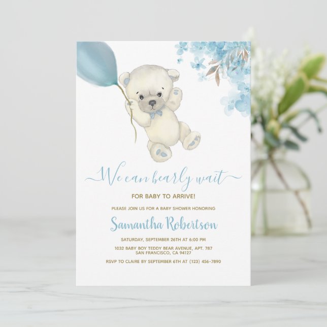 Teddy Polar Bear Blue Balloon Boy Baby Shower Invitation (Standing Front)