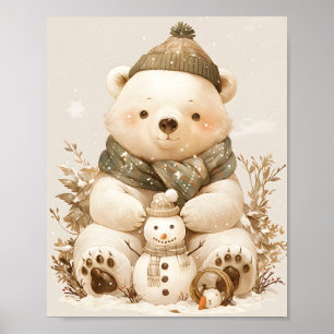 Teddy Polar Bear & Snowman Nursery Wall Art Poster