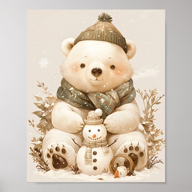 Teddy Polar Bear & Snowman Nursery Wall Art Poster (Front)
