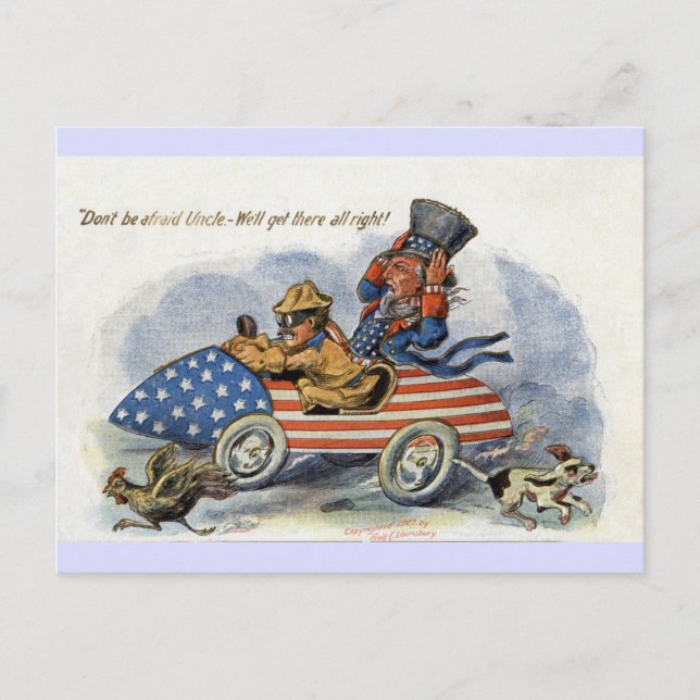 Teddy Roosevelt & Uncle Sam in Patriotic Auto Postcard (Front)