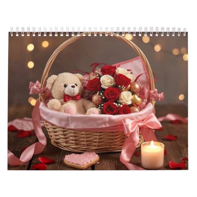 Teddy Rose Basket Romantic Valentine Desk  Calendar (Cover)