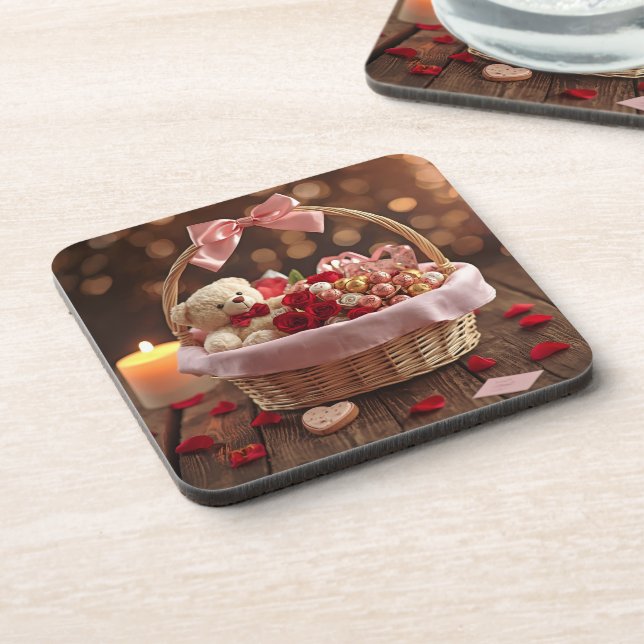 Teddy Rose Basket Romantic Valentine Heart Drink Coaster (Left Side)