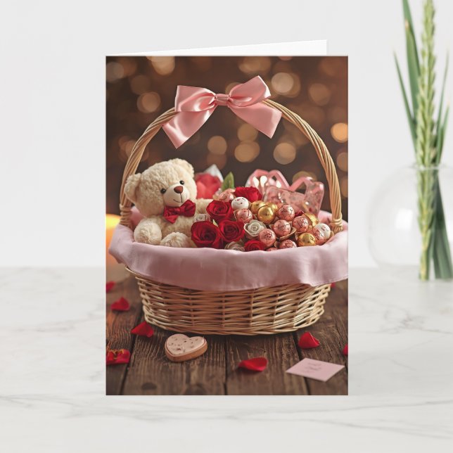 Teddy Rose Basket Romantic Valentine Love Greeting Card (Front)