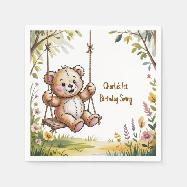 Teddy’s First Birthday Swing Party Napkin (Front)