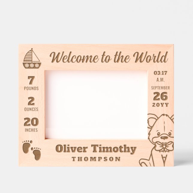 Teddy & Sailboat Welcome to the World Baby Stats Etched Frames (Front)