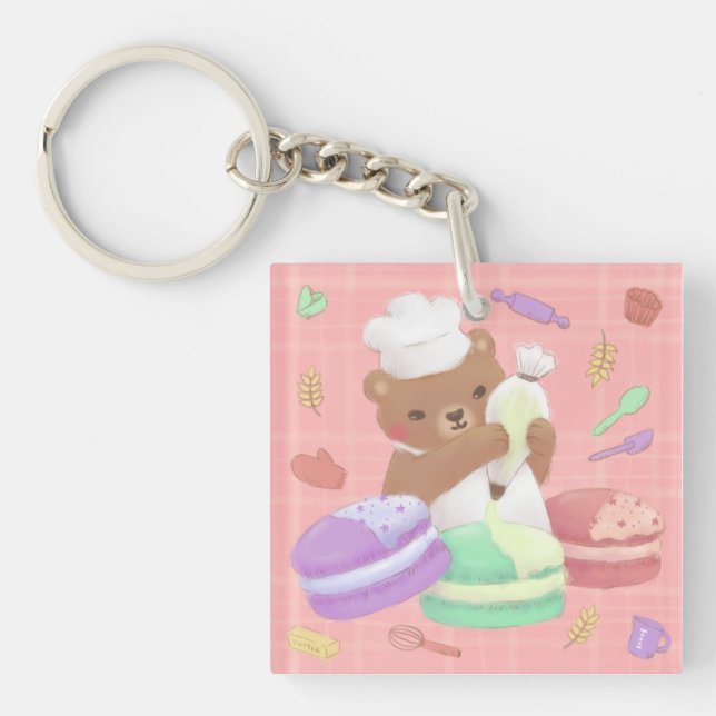 Teddy the Baker with Macarons Key Ring (Front)