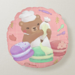 Teddy the Baker with Macarons Round Cushion
