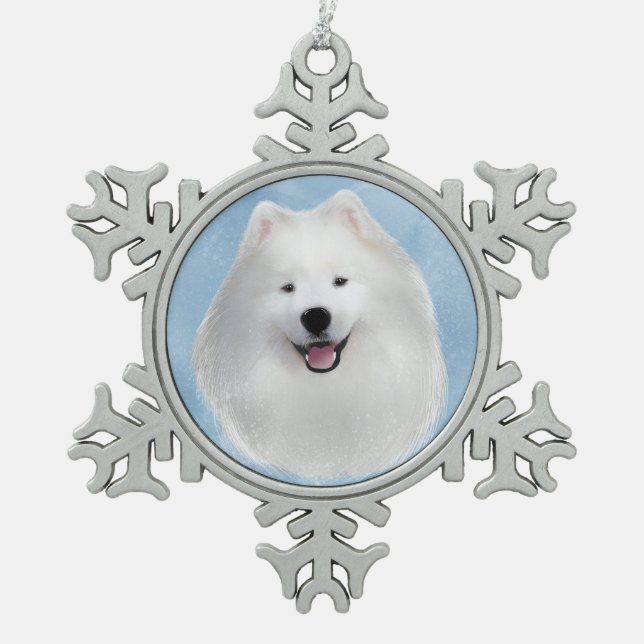Teddy the samoyed snowflake pewter christmas ornament (Front)