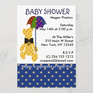 Teddy with Umbrella Baby Shower Invitation
