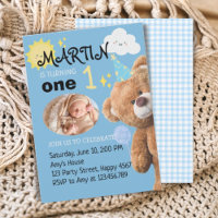 TeddyBear Blue Custom Photo Boy First 1st Birthday
