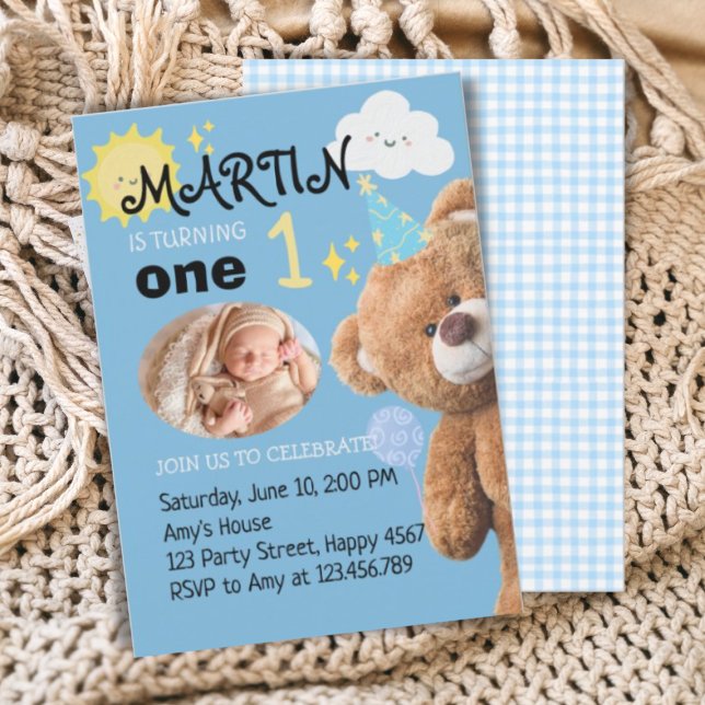 TeddyBear Blue Custom Photo Boy First 1st Birthday Invitation (Creator Uploaded)