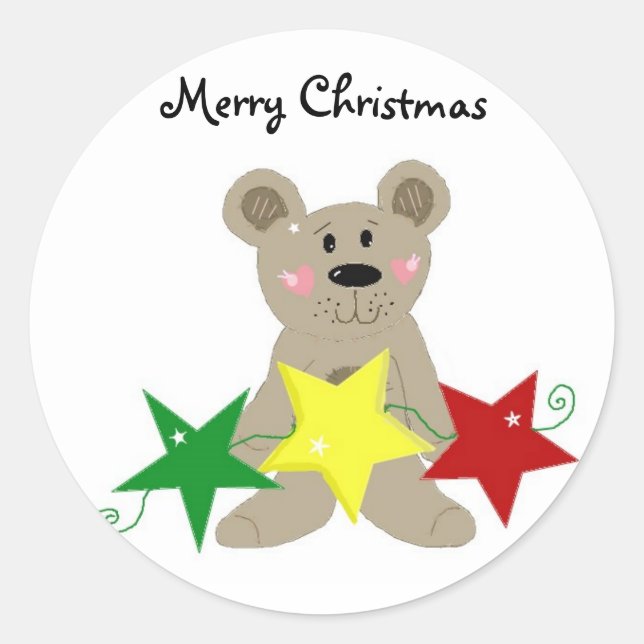Teddybear with Holiday Stars Classic Round Sticker (Front)